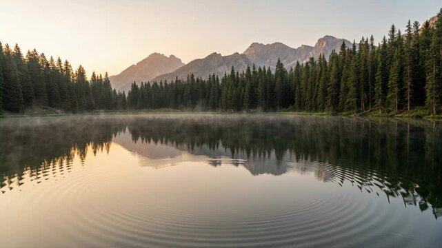 Serene Mountain Lake Reflects Majestic Peaks and Evergreen Forest Under Golden Sunrise Sky Calm Ripples on Water Surface