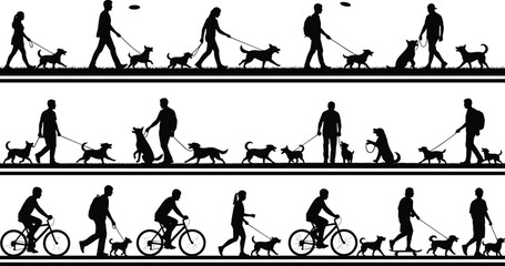 People walking dogs silhouette set, pet owners exercising outdoors, dog walking activities, urban lifestyle scenes, black vector illustration collection design
