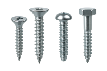 Metal Screw Set with Different Head Types Isolated on Transparent Background