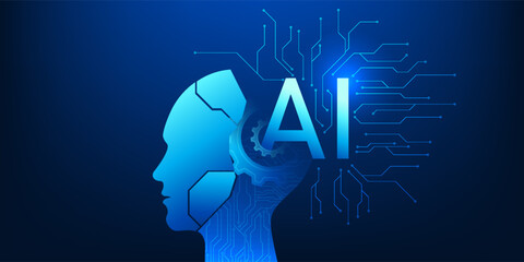 Artificial Intelligence Robot Head with Gear and Circuit Network, AI Automation System, Machine Learning Processing Concept, Smart Technology Innovation, Digital Brain Engineering Background