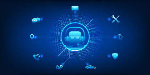 Artificial Intelligence Service Robot Concept, AI Customer Support Automation, Smart Virtual Assistant Connecting User Interaction, Intelligent Service System, Business and Customer Experience