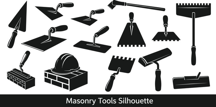 Masonry tools silhouette vector set with trowels spatulas hard hat and bricklaying equipment for construction building trade and professional tiling work background.