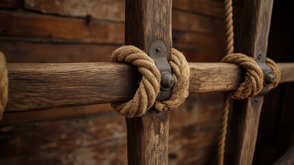 Wooden ship ladder with thick rope knots, rustic nautical detail, warm brown tones, vintage style