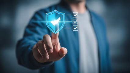 A person interacting with a digital shield and checklist interface for cybersecurity