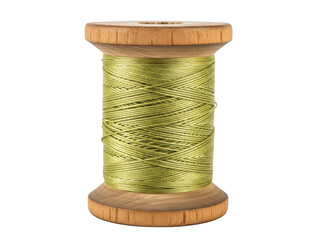Wooden spool of green thread on black background