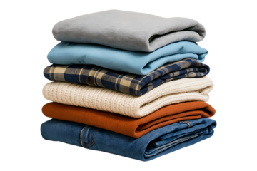 Neatly Folded Clothes Stack Assorted Fabrics Isolated on Transparent Background