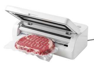 Vacuum sealer machine sealing raw meat in plastic bag