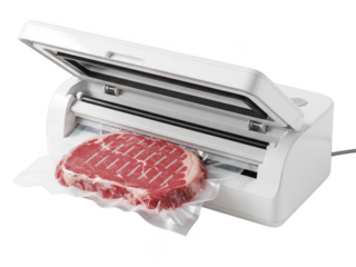 Vacuum sealer machine sealing raw meat in plastic bag