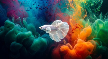 Graceful white betta fish swims through a dynamic, colorful ink cloud underwater creating an