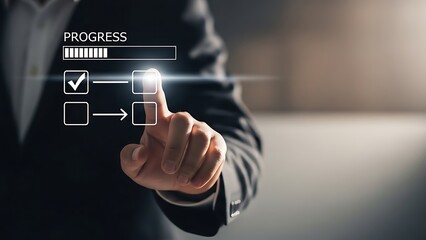Businessman interacting with a futuristic digital interface for progress tracking