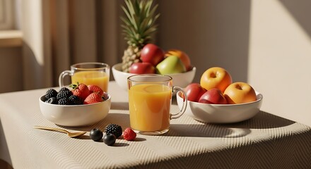 Delicious healthy breakfast with fresh fruits and orange juice vibrant morning light creating