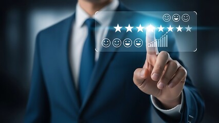 Businessman interacting with a digital interface rating system