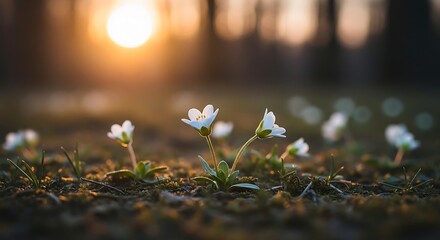 Delicate white flowers bathed in golden light at sunset, capturing the tranquil beauty of nature's