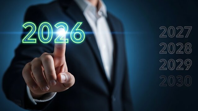 Businessman pointing to the year 2026 with a futuristic glow
