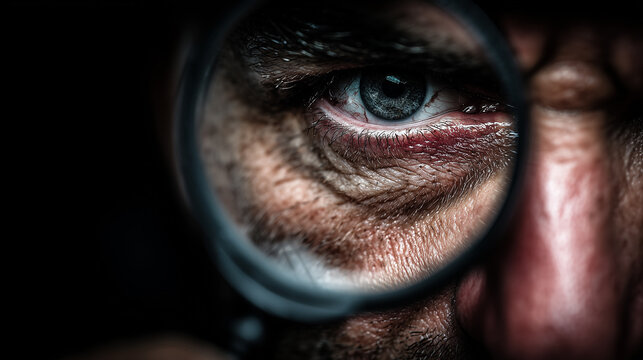 Intense close-up of male eye seen through magnifying glass, showing detailed texture, wrinkles, and tired bloodshot eye