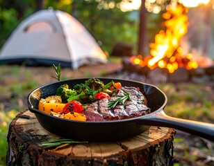Steak and Vegetables Cooked Over Campfire with Tent in Background.
