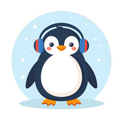 Fototapeta premium Cartoon Penguin Illustration with Headphones and Rosy Cheeks on a Soft Blue Snowy Background for Children's Theme Designs