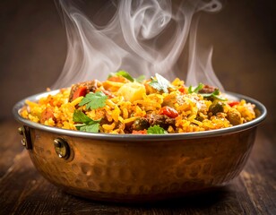 Steaming Chicken Biryani - Aromatic Indian Cuisine in Copper Bowl.