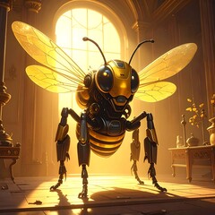 Steampunk Bee - A Fusion of Nature and Technology in Golden Light.