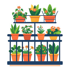 Illustration of Potted Plants Displayed on Shelves with Orange and Green Tones in Indoor Setting Against White Background