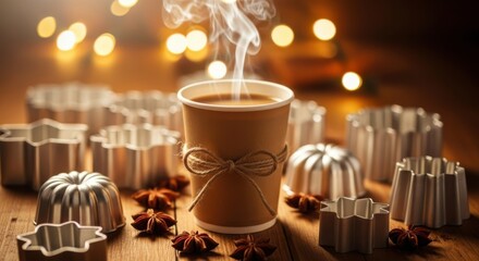 Warm steaming coffee cup surrounded by decorative baking molds and star anise