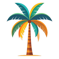 Stylized Teal Orange and Green Palm Tree with Textured Trunk on White Background Sunny Tropical Beach Vacation Scene