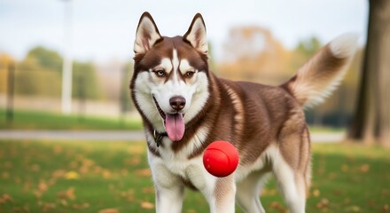 Energetic husky dog with striking blue eyes enjoying a fun game of fetch with a red ball in a park