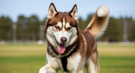 Energetic brown and white husky dog with striking blue eyes playfully running in a green park