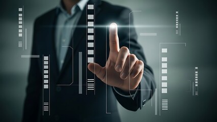 Businessman interacting with futuristic digital interface in a dark background