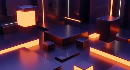 Futuristic geometric abstract glowing vibrant purple and orange cubes studio display background