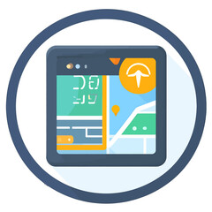 Digital Navigation Interface on Black Tablet with Blue Circle Frame Location Pointer and Route Indicator Flat Style Design Graphical User Interface