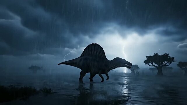 A massive Spinosaurus dinosaur roams through a flooded prehistoric landscape under a dark and ominous stormy sky