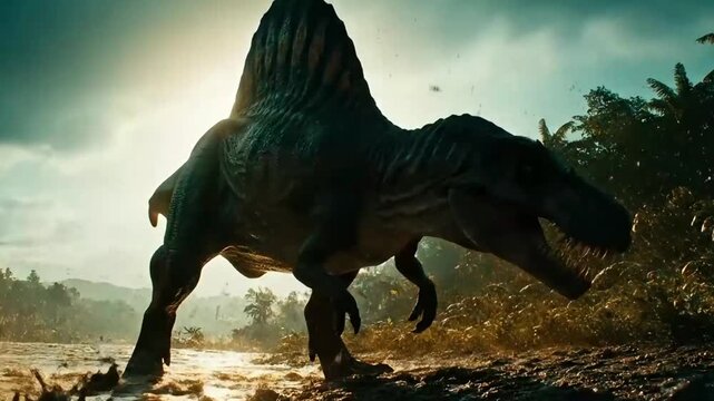 A majestic Spinosaurus stalks through a lush prehistoric landscape, its massive form illuminated by the golden light of a setting sun.