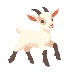 Smiling Cream Colored Baby Goat with Dark Brown Hooves and Horns Walking on a Transparent Background Illustration