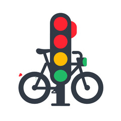 Stylized Bicycle Icon with Traffic Light in Red Yellow and Green on White Background