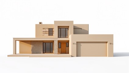 A modern two-story house with a beige exterior and garage door, showcasing a clean and elegant architectural design.