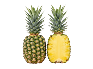 Whole pineapple and half section isolated on transparent background