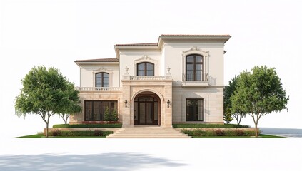 Fototapeta premium Luxurious two-story house with elegant facade and beautifully landscaped yard