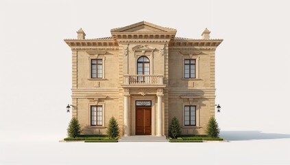 Luxurious beige stone mansion with brown door and balcony