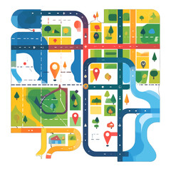 City Map Illustration Featuring Roads Waterways and Green Spaces in Blue Green Yellow and Red Hues on White Background