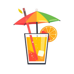 Refreshing Glass of Orange Juice with Colorful Umbrella and Ice Cubes on White Background