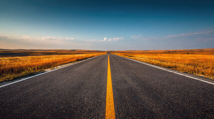 Fototapeta premium Long, empty road with a yellow line down the middle