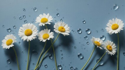 Delicate Daisies with Water Droplets on a Serene Blue Surface.