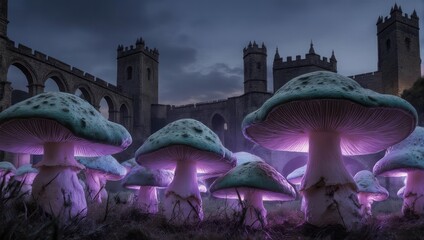 Enchanted Mushroom Garden at Night with Castle Backdrop.