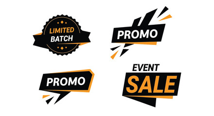 Fototapeta premium Promo sale badges set in black and yellow, retail discount labels vector illustration, limited batch and event sale stickers