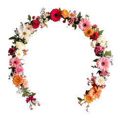 Floral Wreath with Vivid Red White Pink and Orange Flowers on a Clean White Background