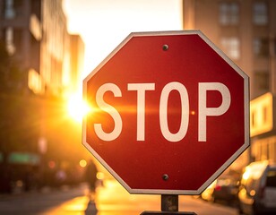 Stop sign in urban setting with sunlight, safety and regulation.