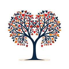 Stylized Heart Shaped Tree with Orange Red and Blue Leaves on White Background