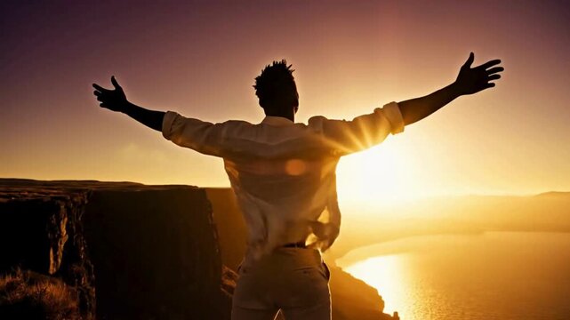 Silhouette of a triumphant man standing atop a magnificent cliff with arms wide open embracing the brilliant golden sunrise over the water.