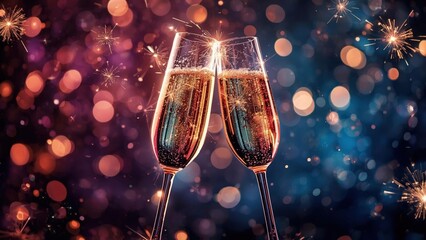 Festive New Year Champagne Glasses Background with Toasting Flutes and Golden Bokeh for Celebration Party or Wedding Anniversary